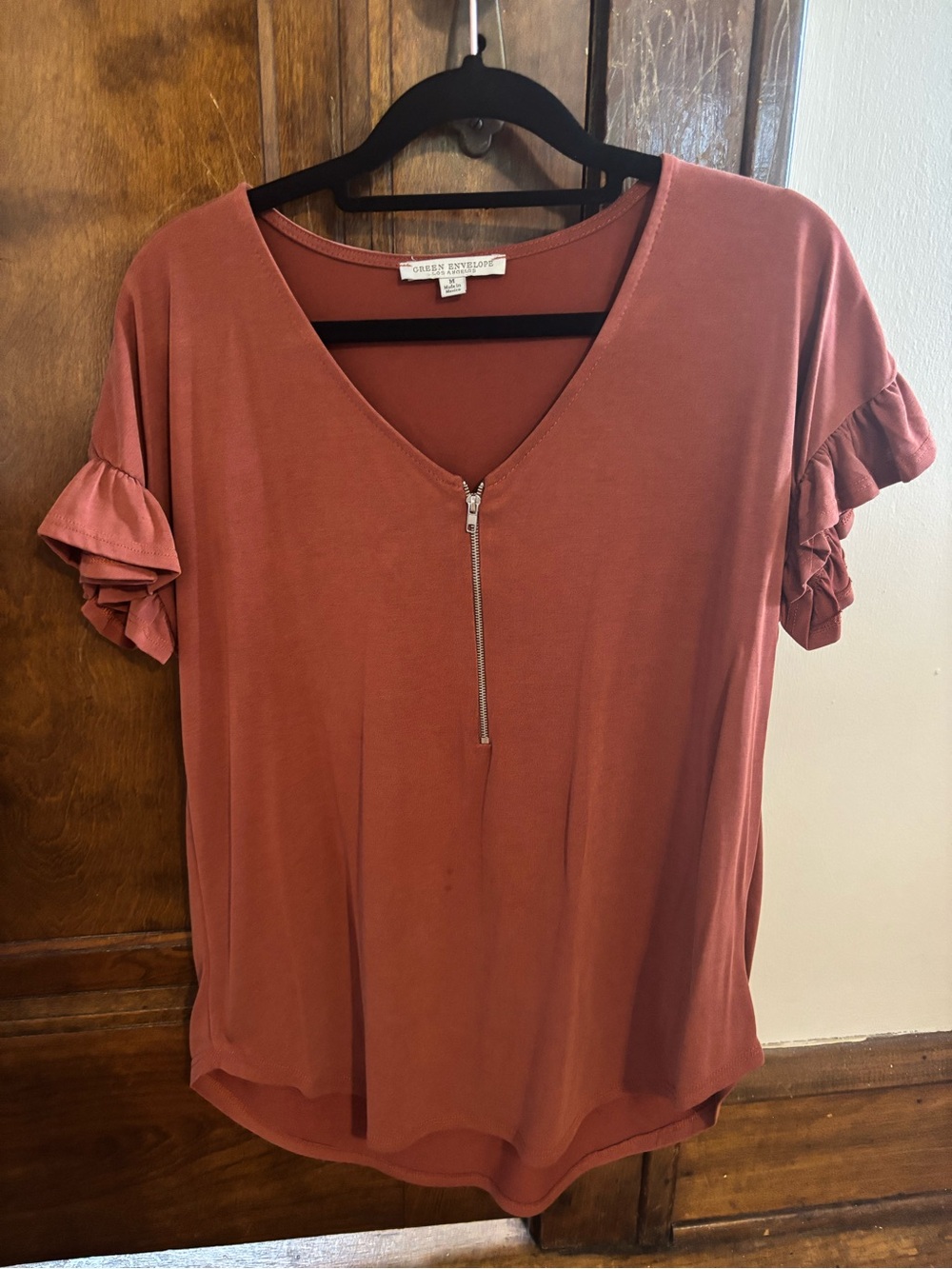 Burnt Orange Tee with Ruffle Sleeves and Zipper Detail